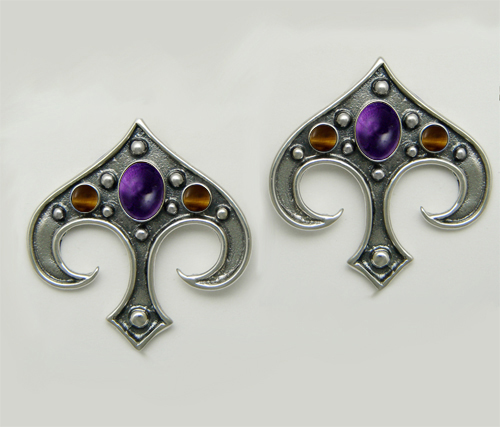 Sterling Silver Gothic Inspired Drop Dangle Earrings With Amethyst And Tiger Eye